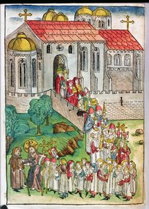 Santiago de Compostelai zarándok és körmenet, 1491 (színes fametszet)
